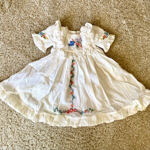 Vintage handmade bird embroidered long baby dress christening event with socks